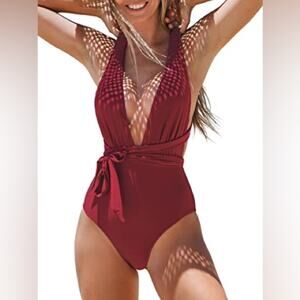 CUPSHE NWT Deep Red One Piece Swimsuit with Deep V-Neck and Tie Back Size Medium